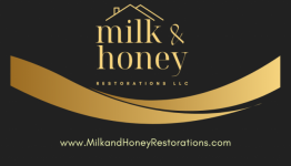 Black background and gold lettering Milk and Honey Restorations