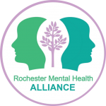 two faces and a purple tree green logo